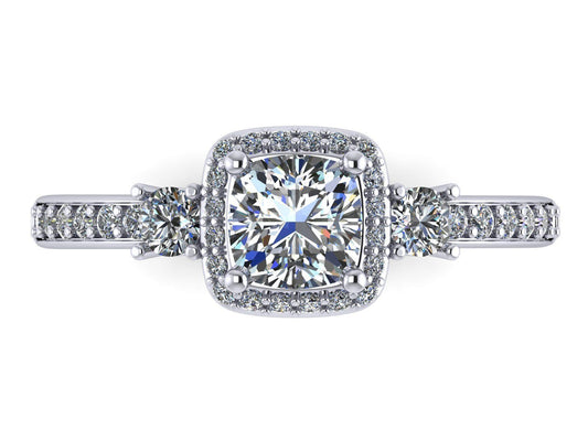 Leah Cushion Cut Three-Stone Halo Engagement Ring - ALLMYERA